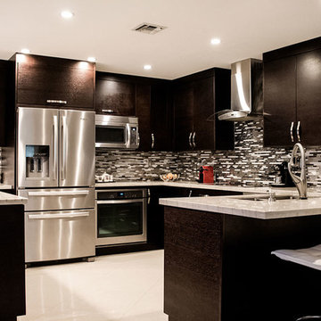 modern kitchen wengue colored with white macaubas quartzite countertop