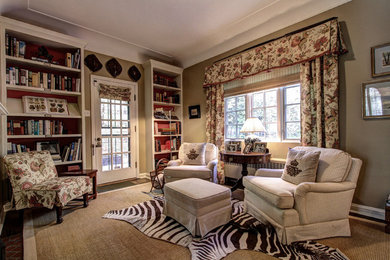 Mid-sized country formal and enclosed ceramic tile and brown floor living room photo in Denver with beige walls, no tv, a standard fireplace and a stone fireplace