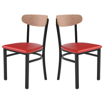 2 Pack Dining Chair, Contoured Boomerang Back, Natural Birch/Red Vinyl