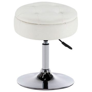Storage Swivel PU Leather Vanity Stool, White With Removeable Tray