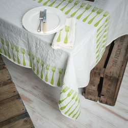 Block printed green linen tablecloth Forchette collection - Tablecloths