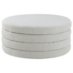 Meridian Furniture - Aphia Boucle Fabric Upholstered Ottoman, Cream, Ottoman / Coffee Table - Liven up your living space with this Aphia cream boucle fabric ottoman/coffee table from Meridian Furniture. Featuring rich cream boucle fabric upholstery, this ottoman offers softness to the touch and style to the eye. Deep channel tufting gives the appearance of multiple layers stacked together, making it a contemporary piece perfect for any modern home. Pair this ottoman with a matching cream sofa, or use it as a stool to provide extra seating when you have visitors.