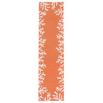 Liora Manne - Capri Coral Border Indoor/Outdoor Rug, Coral, 2'x8' Runner - This hand-hooked area rug features a vibrant coral orange background with a white coral motif border. A classic, subtle tropical motif, this rug will effortlessly compliment any space inside or outside your home. Made in China from a polyester acrylic blend, the Capri Collection is hand tufted to create bright multi-toned detailed designs with a high-quality finish. The material is flatwoven, weather resistant and treated for added fade resistant making this the perfect rug for indoor or outdoor placement. This soft, durable piece is ideal for your patio, sunroom and those high traffic areas such as your entryway, kitchen, dining room and living room. A fresh take on nautical style, these area rugs range in style from coastal to tropical motifs that beautifully accent your home decor. Limiting exposure to rain, moisture and direct sun will prolong rug life.