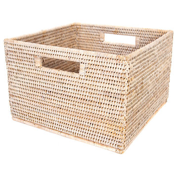 Artifacts Rattan Square Storage Basket With Handles, White Wash