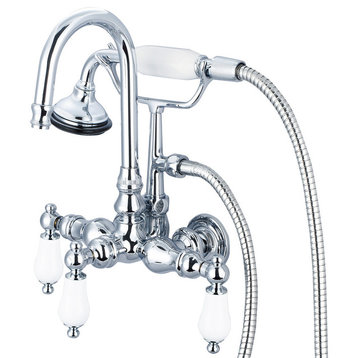 Vintage 3-3/8" Center Wallmount Tub Faucet & Handshower, Porcelain lever handles