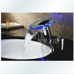 LED Waterfall Two Handles Hydroelectric Power Glass Bathroom Sink Faucet Chrome - Bathroom Sink Faucets