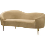 Meridian Furniture - Ritz Velvet Upholstered Loveseat, Camel - Get comfy while remaining chic in this elegant Ritz camel velvet loveseat. Plush camel-colored upholstery provides a soft texture that is pleasing to the senses, while its curved design offers a contemporary touch to your home furnishing. Gold metal legs complement the loveseat's sophisticated camel color, creating a gallant piece anyone would be proud to display in their home.