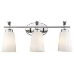 Lighting Favorites - Fluted Glass 3 Light Polished Nickel Vanity Bath Light - Contrasting industrial and shabby chic styles and topped off with a traditional satin nickel finish, this over-the-mirror vanity lighting fixture works perfectly for your remodeled bathroom or newly designed bathroom spaces. With its chic look and brushed finish, this three-light regal inspired fixture is a great choice for a variety of spaces, bringing light and style to your space.  This vanity light uses 3 - medium based 60 watt max bulbs (not included), and is LED compatible.
