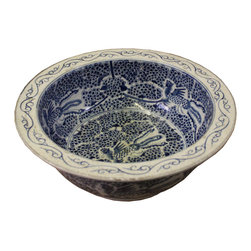 Chinese Vintage Finish Blue White Porcelain Round Pot Planter - Decorative Bowls