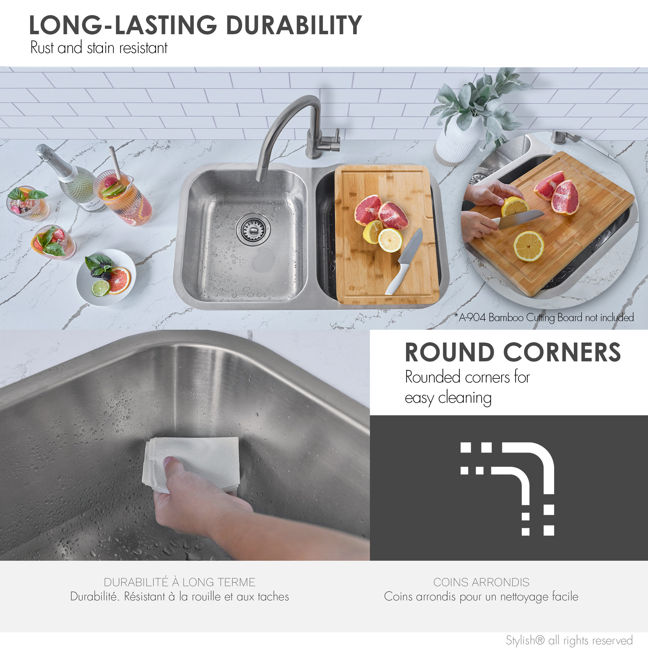 STYLISH Jaspel Dual Mount 32" Double-Bowl Stainless Steel Kitchen Sink