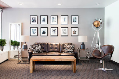 Mid-sized minimalist carpeted and brown floor living room photo in Toronto with gray walls