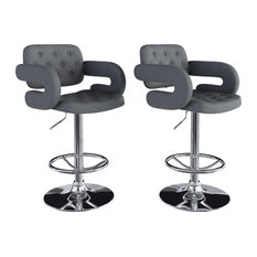 CorLiving - Adjustable Tufted Dark Gray Fabric Barstool With Armrests, Set of 2 - Bar Stools and Counter Stools