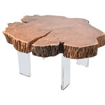 Meridian Furniture - Woodland Acacia Wood Top Coffee Table - Woodsy charm collides with modern lines in the design of this Woodland coffee table. This table is anything but demure and is bound to attract attention from all angles, whetheryou'rere using it as a spot to play board games on family game night or to hold a glass of wine while you relax and unwind. Crafted from rich, live-edge acacia wood, this table rests on acrylic legs for a modish finish.