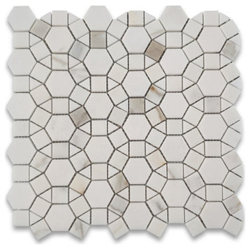 Calacatta Gold Marble Sunflower Hexagon Ring Waterjet Mosaic Tile, 1 sheet