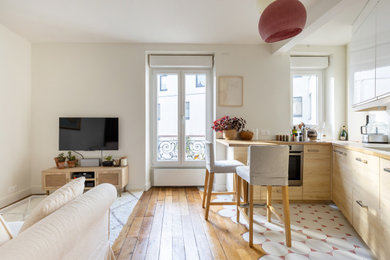 パリにあるお手頃価格の中くらいなトランジショナルスタイルのおしゃれなオープンリビング (白い壁、淡色無垢フローリング、暖炉なし、壁掛け型テレビ、茶色い床) の写真