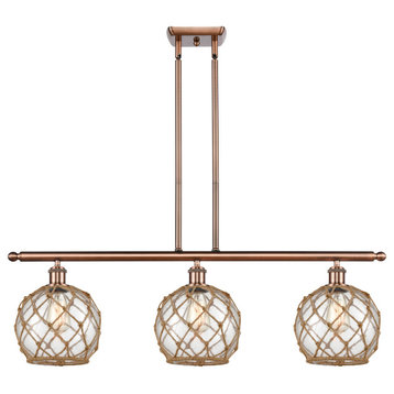 Farmhouse Rope 3-Light Island-Light, Antique Copper, Clear Glass With Brown Rope