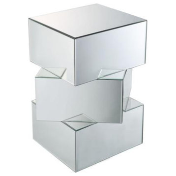 Mirror And Glass End Table With Unique Geometrical Base Design, Silver