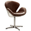Benzara BM163615 Top Grain Leather Accent Chair with Swivel, Brown & Silver