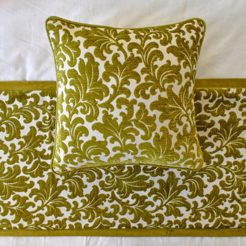 Green Velvet Queen 74"x18" Bed Runner With Pillow Cover- Enchanted Chartreuse