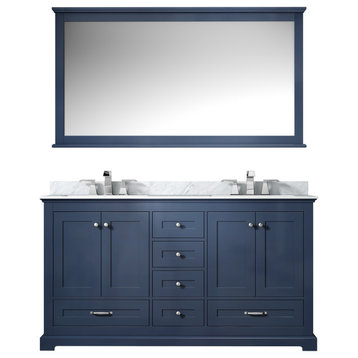 Dukes 60" Navy Blue Double Vanity, White Carrara Marble Top, Sinks,58" Mirror