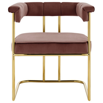 Elegant Dining Chair, Golden Metal Frame With Velvet Seat & Shelter Arms, Blush