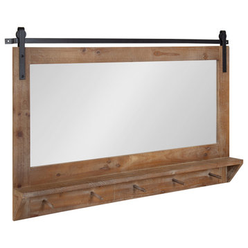 Cates Framed Wall Mirror with Shelf and Hooks, Rustic Brown 42x27