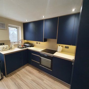 Blue Fenix plywood kitchen.