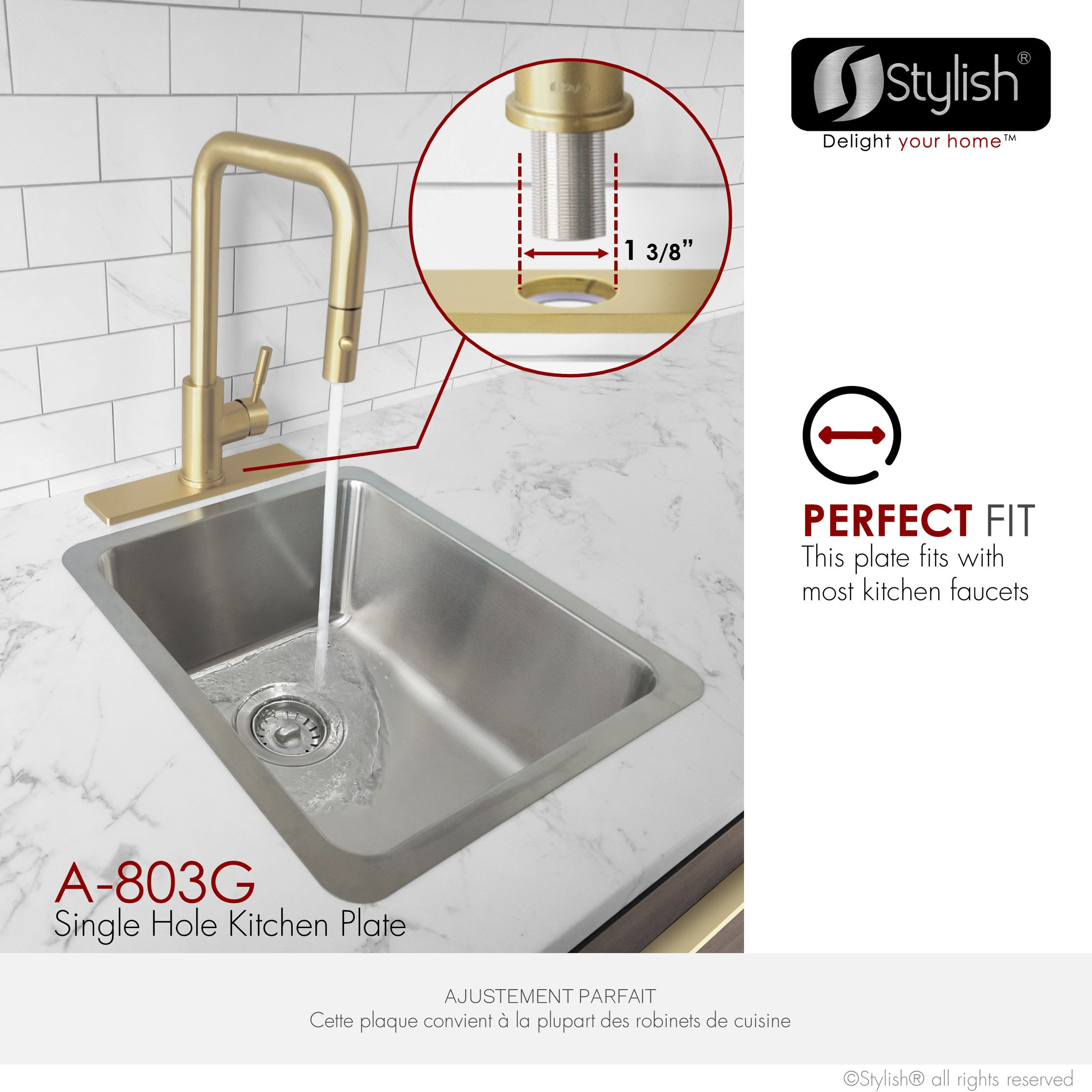 STYLISH Kitchen Sink Faucet Hole Cover Deck Plate in Brushed Gold