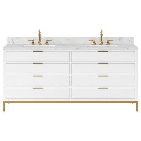 Bristol 72" Marble Countertop Vanity, White With Hook Faucet