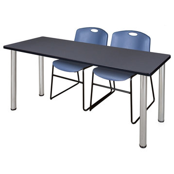 66" x 24" Kee Training Table- Grey/ Chrome & 2 Zeng Stack Chairs- Blue