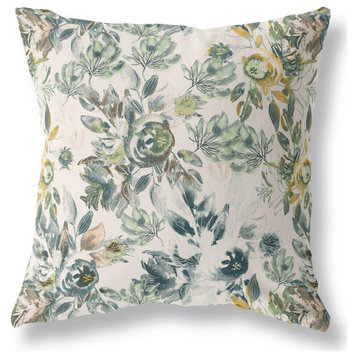 20" X 20" White And Green Broadcloth Floral Throw Pillow