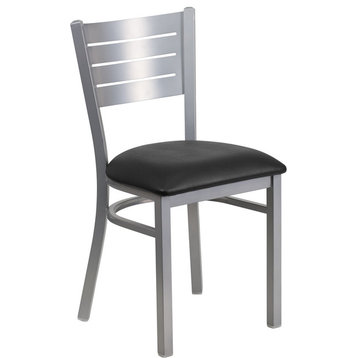 Hercules Series Silver Slat Back Metal Chair, Black Vinyl Seat