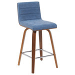 Armen Living - Vienna Counter Height Swivel Bar Stool With Vintage Blue and Walnut - Elevate your kitchen, bar, or dining area with the Vienna Swivel Stool Collection ' a modern essential that combines mid-century charm with functional comfort. Designed for daily use and entertaining alike, Vienna's 360-degree swivel and armless frame provide effortless movement and easy conversation flow. The gently curved backrest supports posture alignment while keeping the profile sleek and space-saving. The Vienna stool is built on a strong wood frame with four splayed legs and a square steel footrest for added durability and a clean, modern edge. The seat and backrest are generously padded with high-density foam and finished in your choice of smooth vegan leather or performance fabric for elevated comfort and easy maintenance. Originally offered in a walnut finish with cream, brown, or gray vegan leather, and a black brushed finish with gray vegan leather, the collection now features even more design-forward combinations. Explore updated variants including snow white vegan leather with walnut, black brushed, or patterned oak finishes; vintage-inspired blue, green, and black tones paired with walnut finish frames; and bold red or soft gray performance fabrics on brushed or patterned wood finishes. Available in both counter height and bar height, Vienna offers a versatile range of styles to suit your space. With its timeless look and enduring quality, this collection brings warmth, elegance, and comfort to any interior.