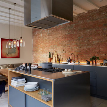 Bespoke Oak, Steel and Blue/Grey Kitchen with Exposed Brick Walls
