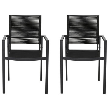 Jean Outdoor Modern Dining Chair With Rope Seat, Set of 2, Dark Gray/Black