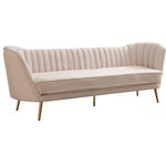 Meridian Furniture - Margo Velvet Upholstered Set, Cream, Sofa - Lean back and lounge in luxurious style on this stunning Margo cream velvet sofa by Meridian Furniture. This contemporary sofa features plush velvet upholstery that is both classy and sumptuous against your skin, a single seat cushion and rounded arms that curve into a low, rounded back, creating a perfect, modern piece for your home. Gold stainless steel legs support this sofa and provide stunning contrast to the sofa's plush, cream fabric.