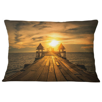 Huge Wooden Bridge to Illuminated Sky Pier Seascape Throw Pillow, 12"x20"