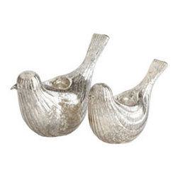 Silvered Glass Turtledoves - Set of 2 - New - Candleholders