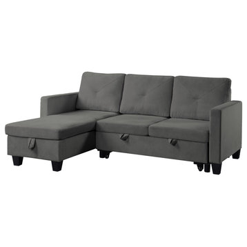 Nova Dark Gray Velvet Reversible Sleeper Sectional Sofa With Storage Chaise