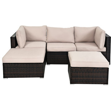 Costway 5PCS Patio Rattan Furniture Set Ottoman Table Beige