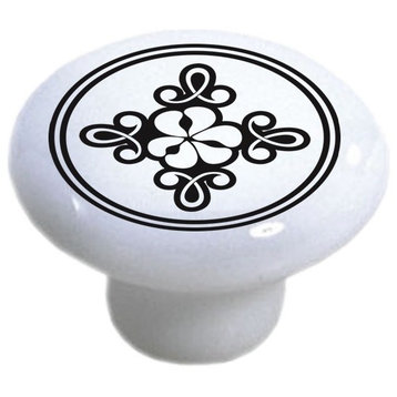 Black White Scroll Flower Ceramic Knob