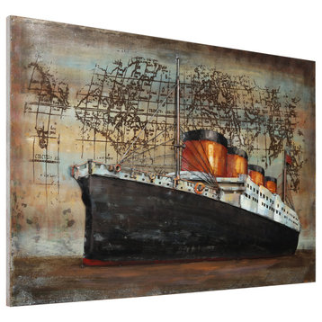"Black Ship" Mixed Media Iron Hand Painted Dimensional Wall Art
