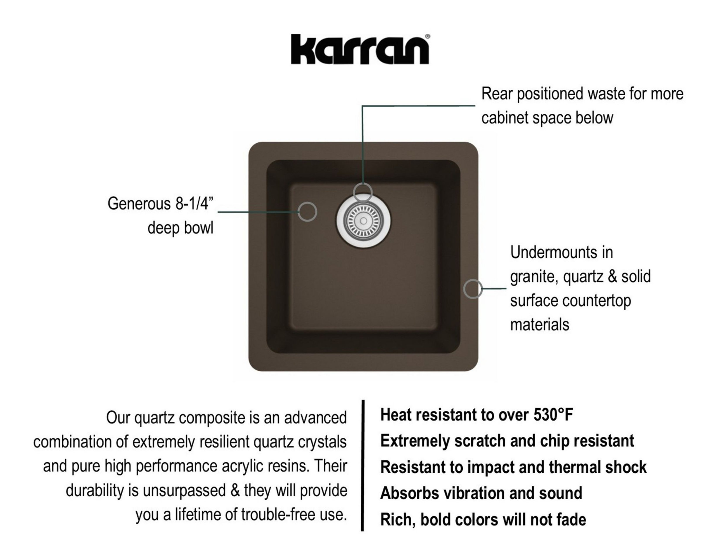Karran Undermount Quartz Composite 17" Bar Single Bowl Sink, Brown