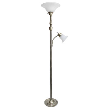 2 Light Mother Daughter Floor Lamp With White Marble Glass, Antique Brass