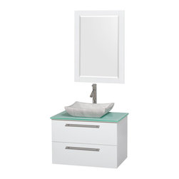 30 inch Single Bathroom Vanity in Glossy White, Green Glass Top, Avalon White Ca - Bathroom Vanities And Sink Consoles