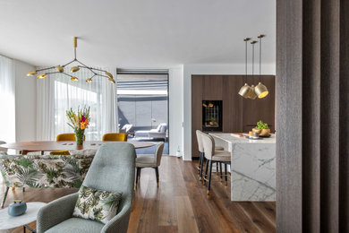 Moderne Wohnküche mit braunem Boden und dunklem Holzboden in Sonstige