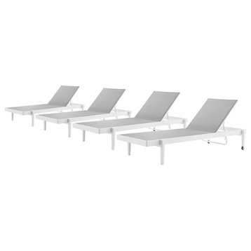 Lounge Chair Chaise, Set of 4, Aluminum, Metal, White Gray, Modern, Outdoor
