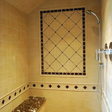 Sonoma Tile Feature Box Shower with Emperador Shower Bench