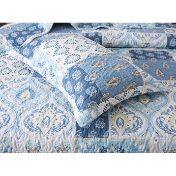 Mediterranean Blue Paisley Faux Patchwork Quilt Set, 20x30