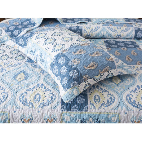 Mediterranean Blue Paisley Faux Patchwork Quilt Set, 20x30